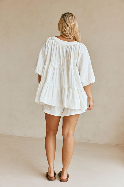 Novalie Flounce Button Top - White