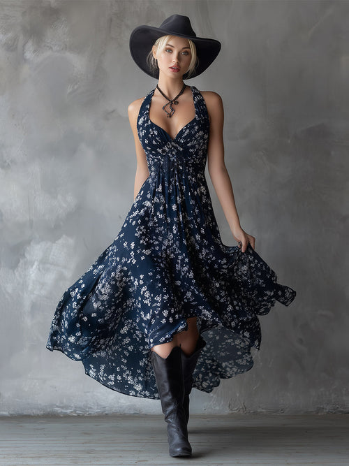 Retro Classic Floral Print Navy Blue Chiffon Sleeveless Maxi Dress - Maxi Dresses