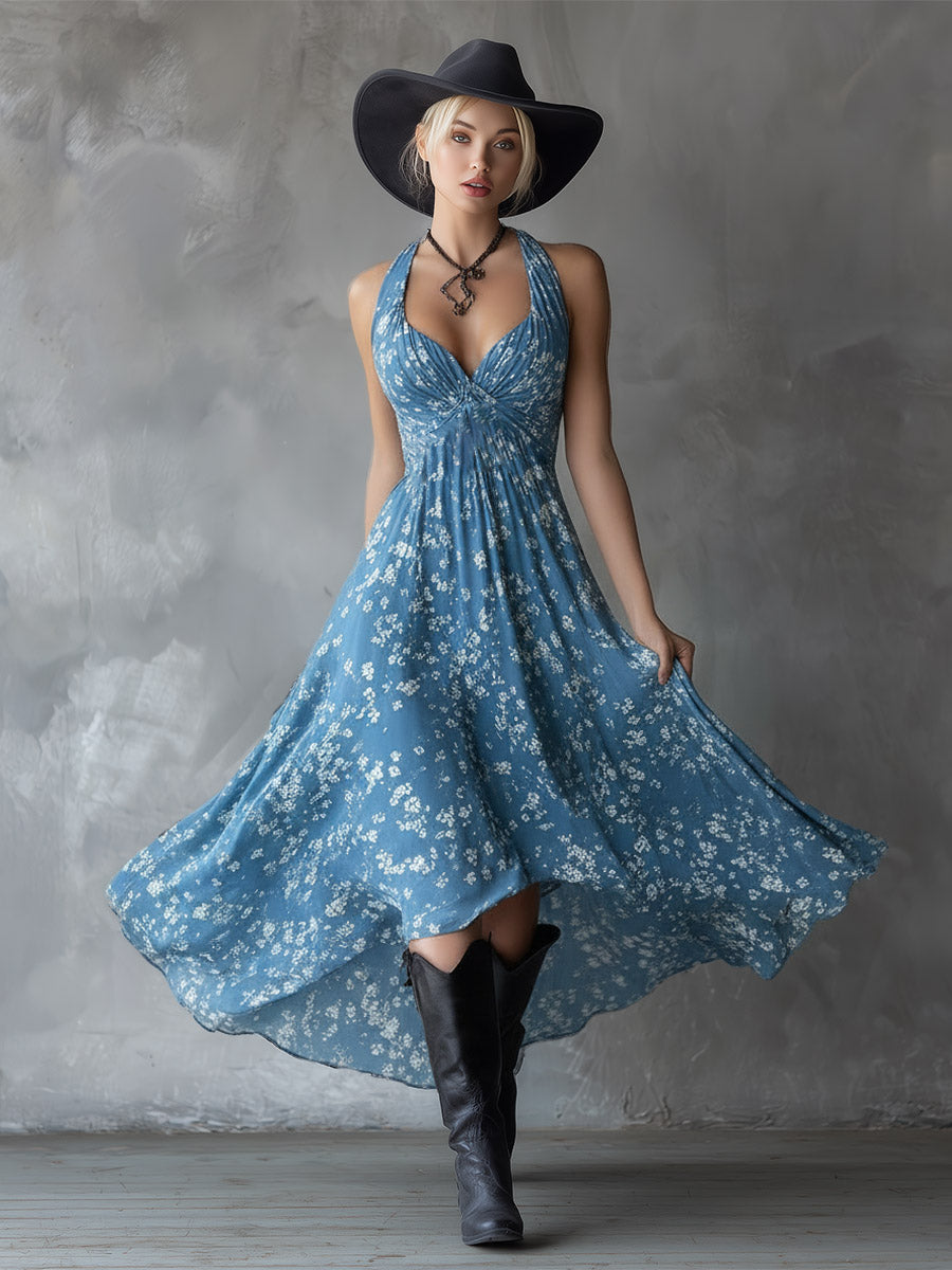 Retro Classic Floral Print Navy Blue Chiffon Sleeveless Maxi Dress - Maxi Dresses