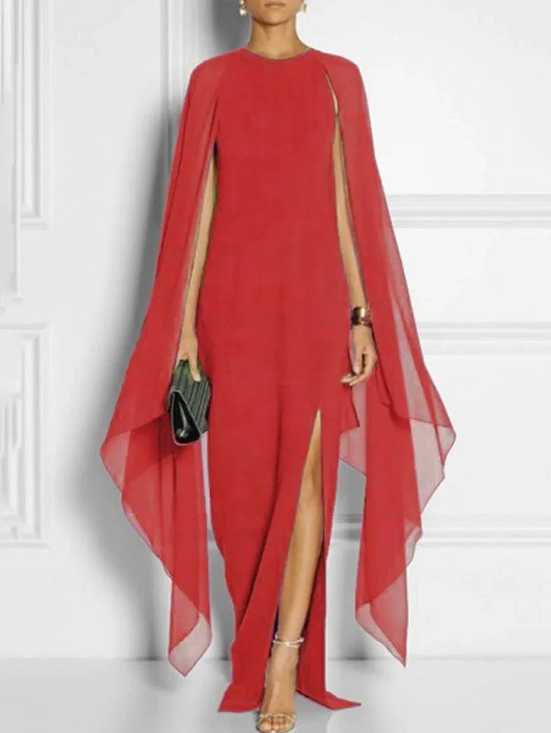 Elegant Thigh Split Hem Cloak Sleeve Maxi Dress - Omychic