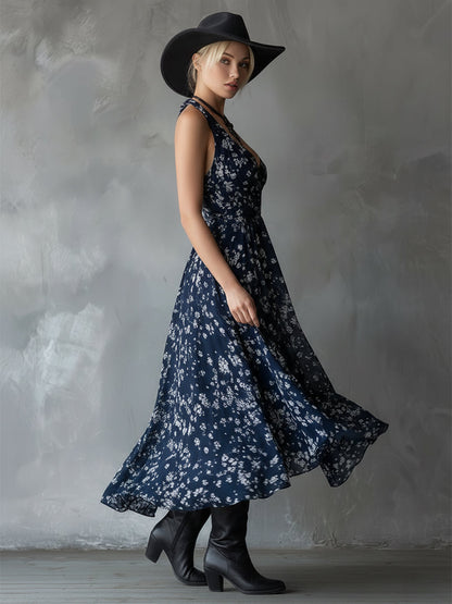 Retro Classic Floral Print Navy Blue Chiffon Sleeveless Maxi Dress - Maxi Dresses
