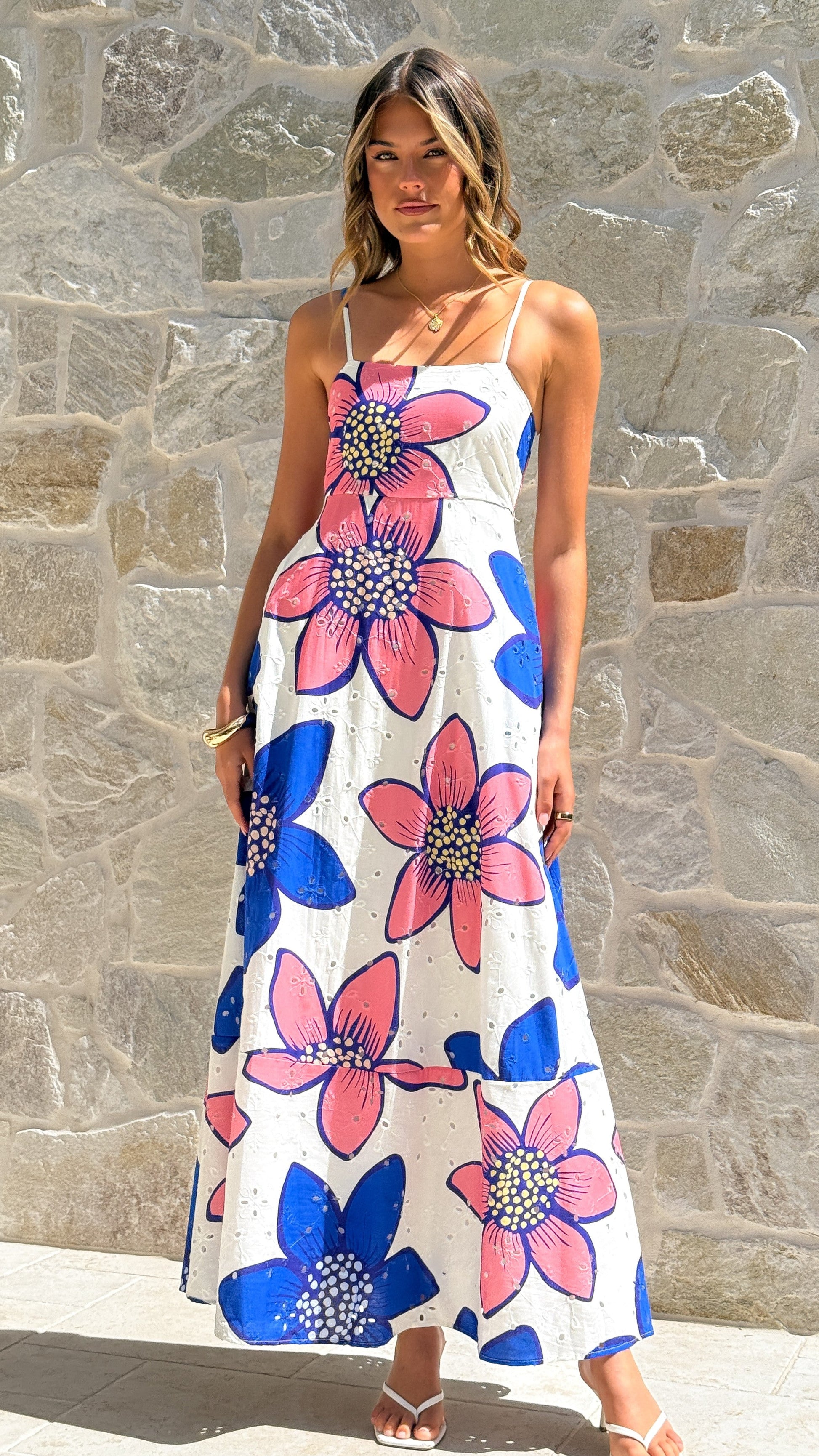 Norah Eyelet Maxi Dress - Botanic Blue/Pink Print - Billy J