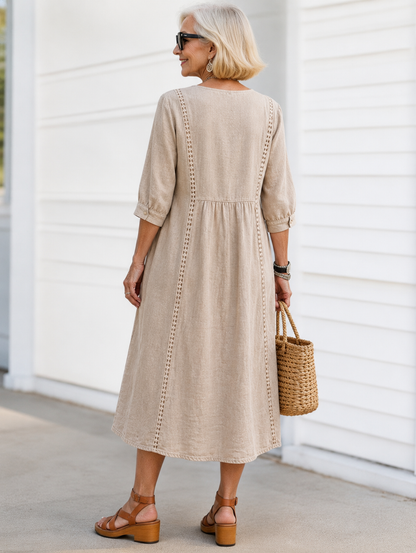 Vestido de Lino con Escote en V y Remates en Contraste
