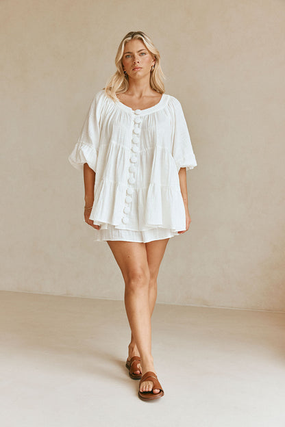 Novalie Flounce Button Top - White