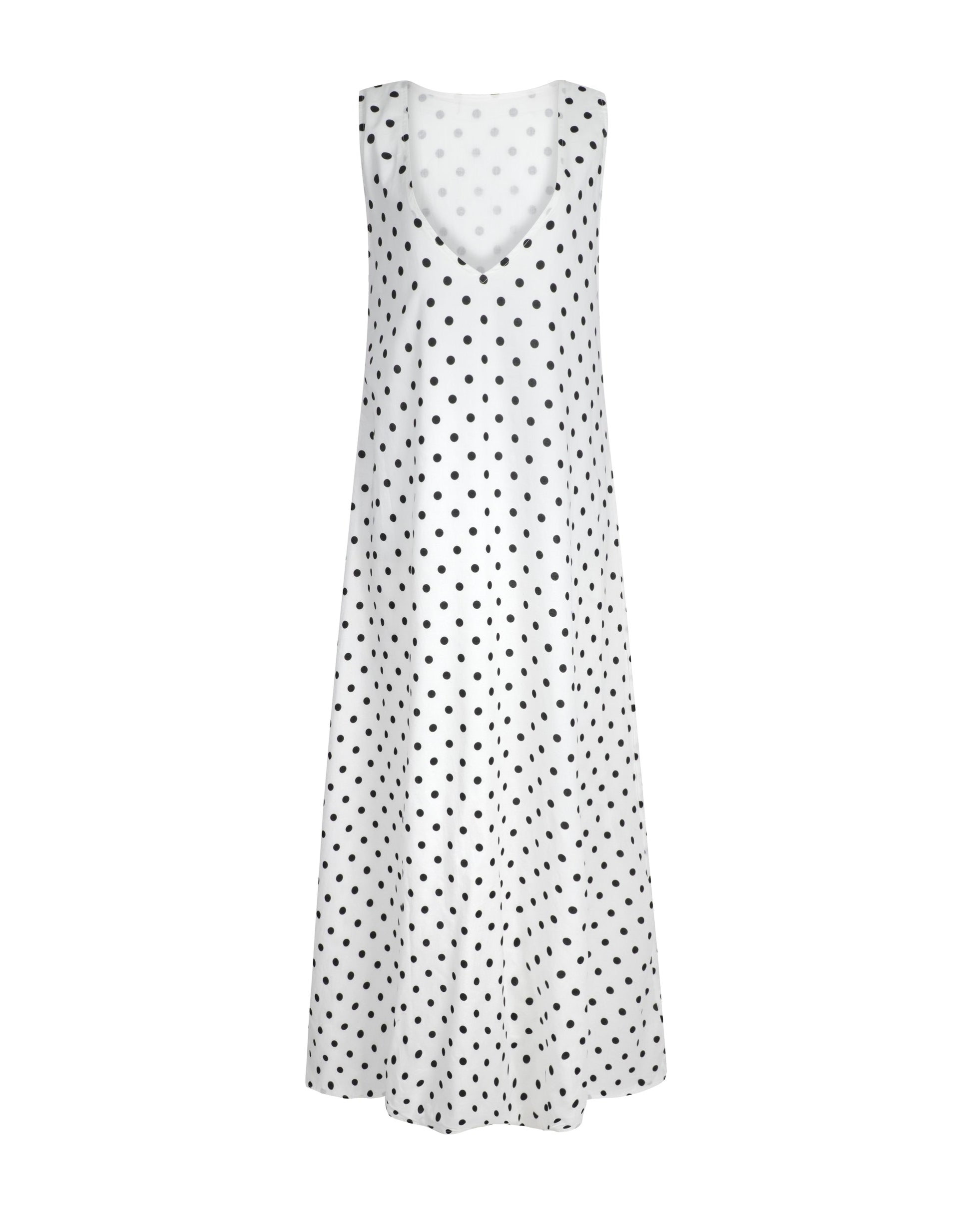 (ghost mannequin) Gili Dress Polkadot flat lay ghost mannequin, black and white cotton maxi dress side zipper 100% cotton Puka The Label
