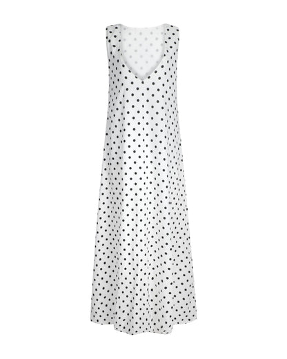 (ghost mannequin) Gili Dress Polkadot flat lay ghost mannequin, black and white cotton maxi dress side zipper 100% cotton Puka The Label
